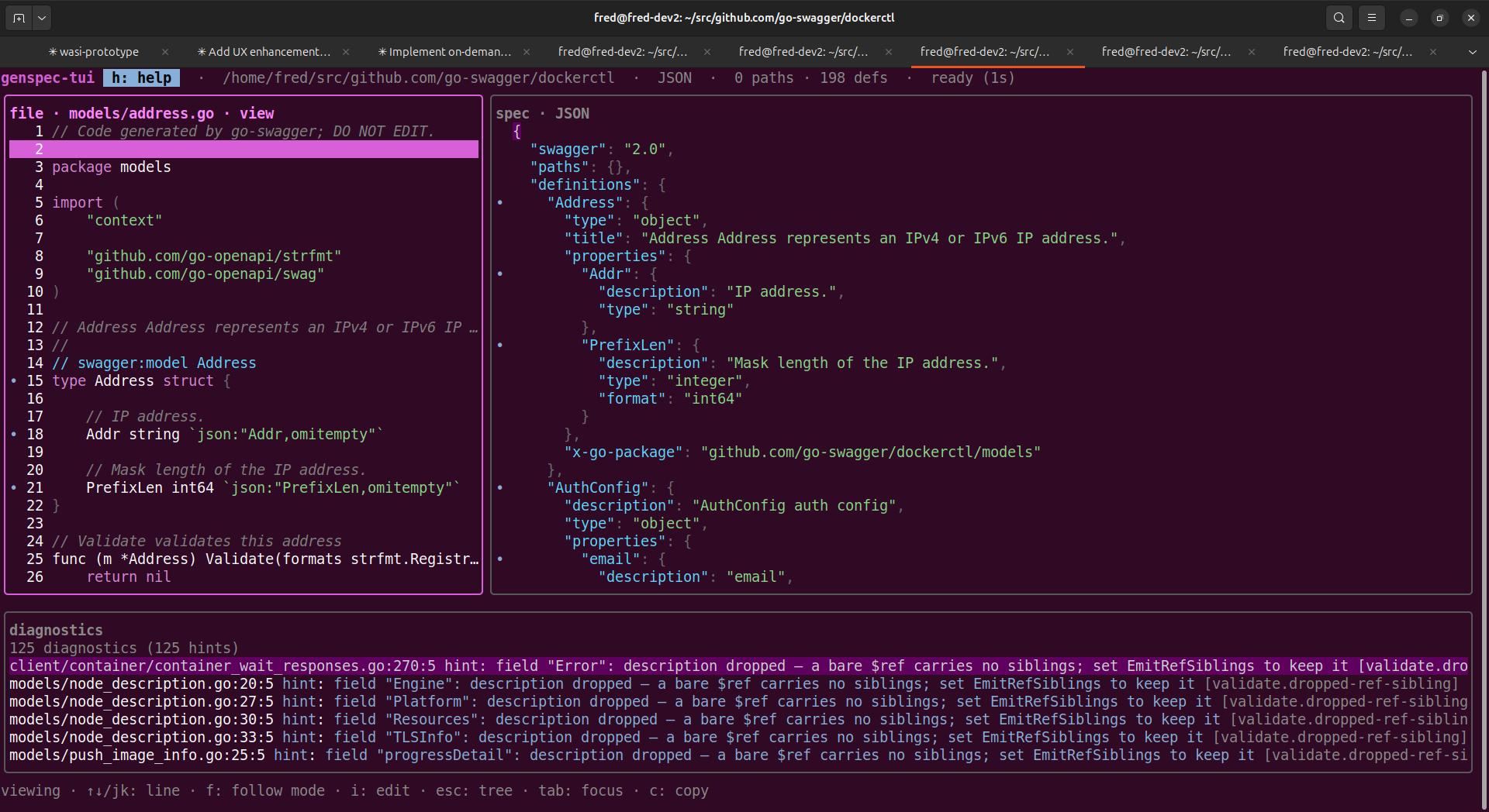 An open Go file on the left, the spec it produces on the right, and the scan&rsquo;s diagnostics underneath