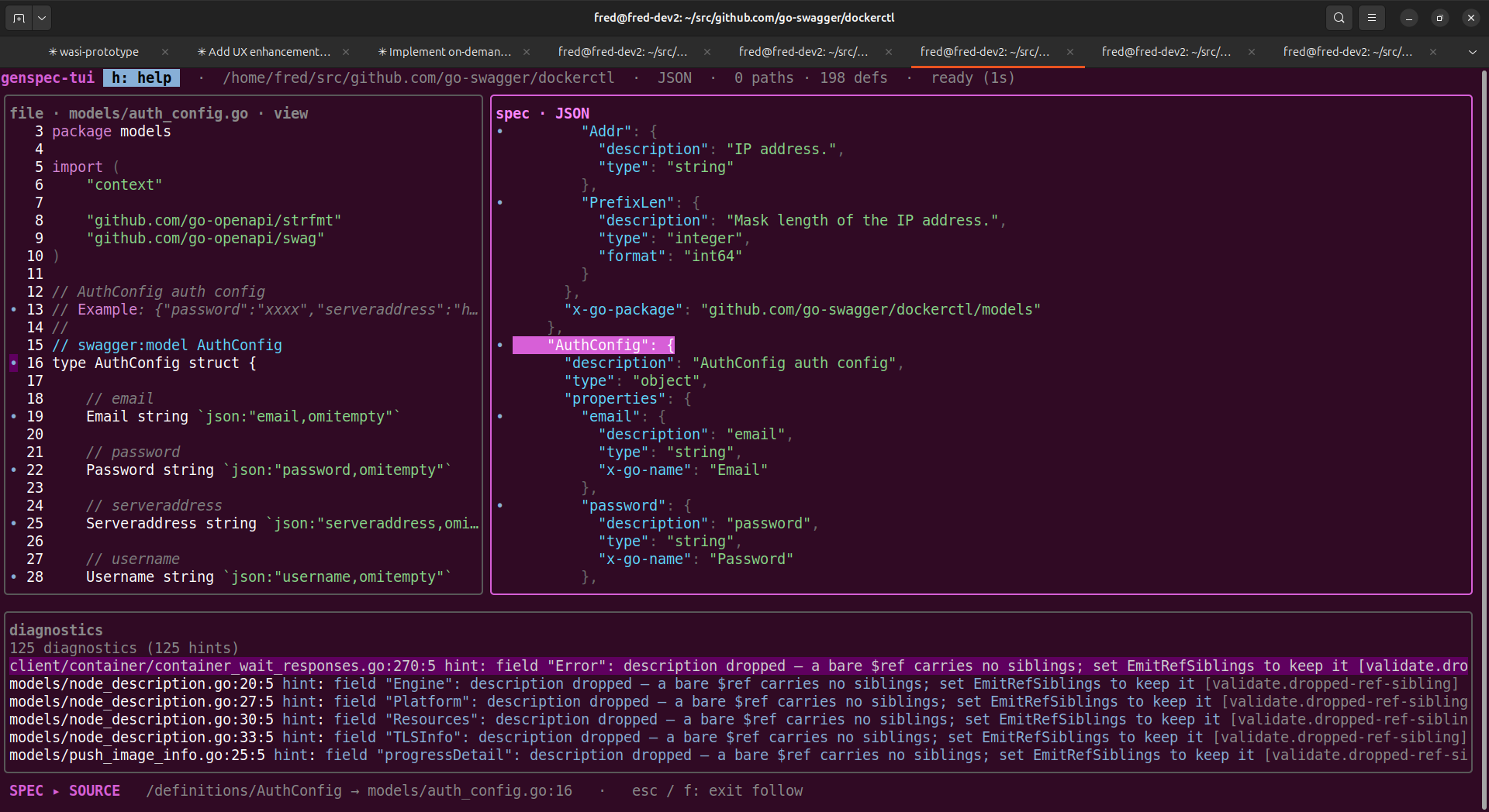 Follow mode: a spec node highlighted beside the source line that produced it, with the badge naming the resolved target
