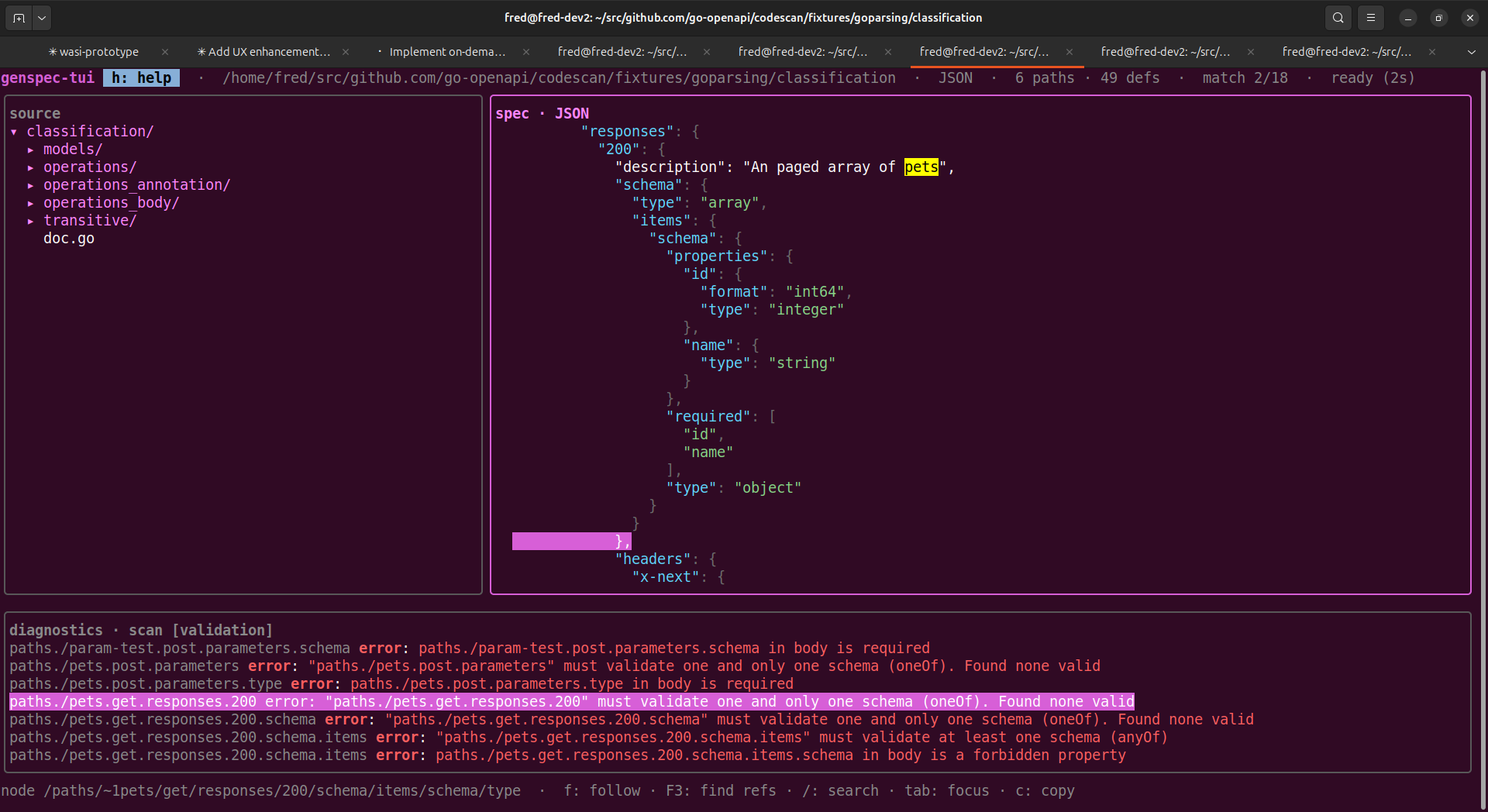 The validation tab of the diagnostics pane, listing what go-openapi/validate found, each by its path